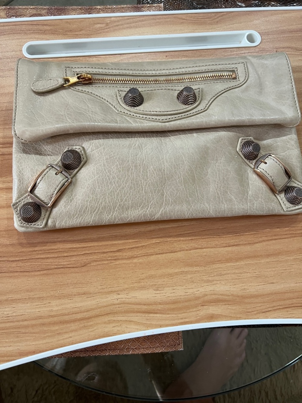 Balenciaga Taupe Leather Envelope Clutch with Buckle Details